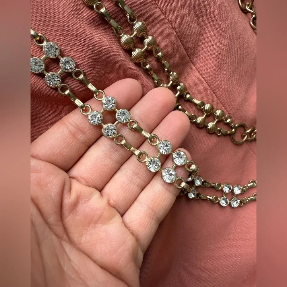 Y2K/90s Rhinestone and Gold Double-stranded Chain Belt